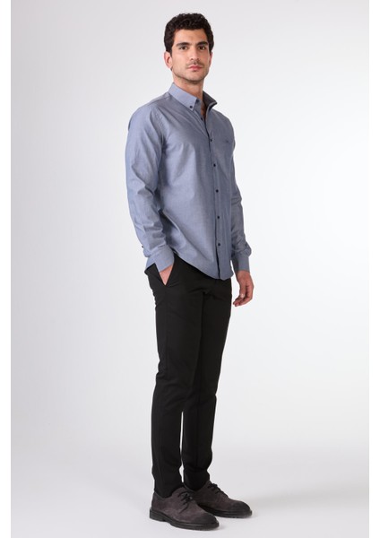 Açık Lacivert Erkek Regular Fit Melanj Desenli Düğmeli Yaka Uzun Kol Gömlek - 95053