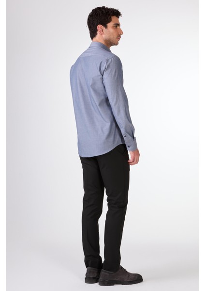 Açık Lacivert Erkek Regular Fit Melanj Desenli Düğmeli Yaka Uzun Kol Gömlek - 95053
