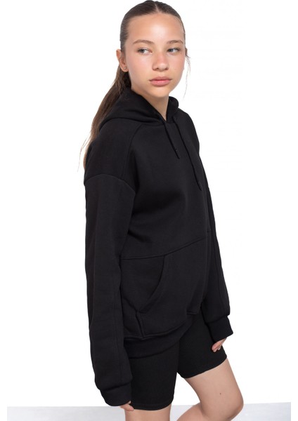 Siyah Kanguru Cepli Basic Şardonlu Kız Çocuk Kapüşonlu Sweatshirt 21207 indirimleri