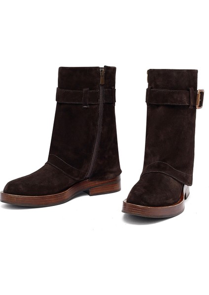 Kadın Kahverengi Fermuarlı Süet Deri Biker Bot 25WFD202610 modelleri