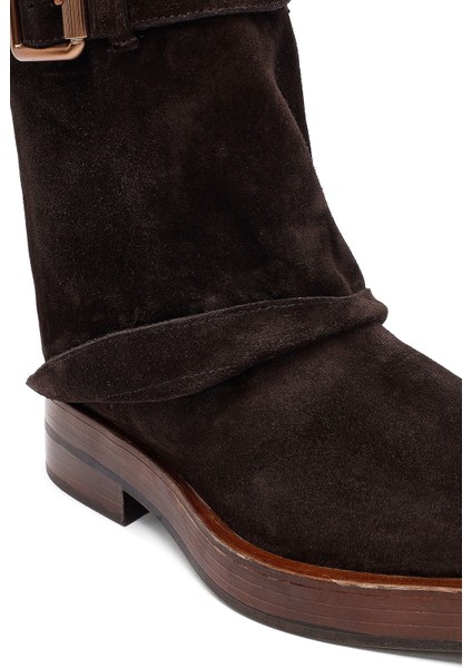 Kadın Kahverengi Fermuarlı Süet Deri Biker Bot 25WFD202610