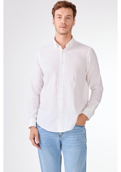 Beyaz Keten Düz Renk Regular Fit Erkek Gömlek