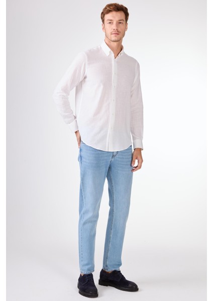 Beyaz Keten Düz Renk Regular Fit Erkek Gömlek fiyatları