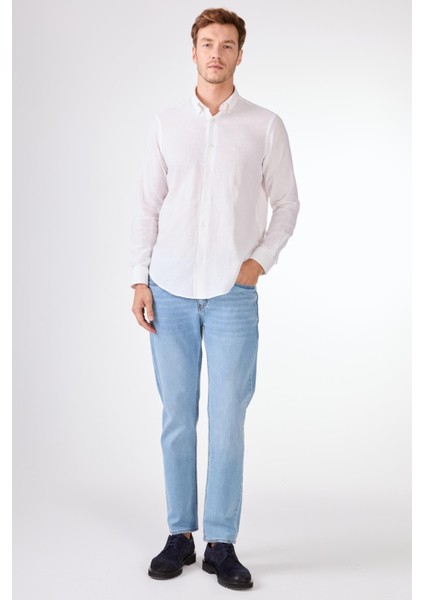 Beyaz Keten Düz Renk Regular Fit Erkek Gömlek modelleri