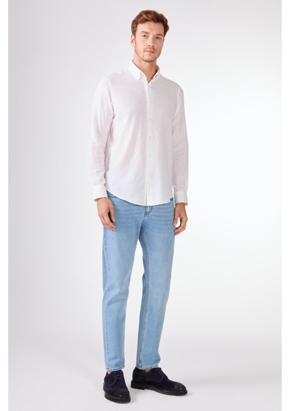 Beyaz Keten Düz Renk Regular Fit Erkek Gömlek fırsatları