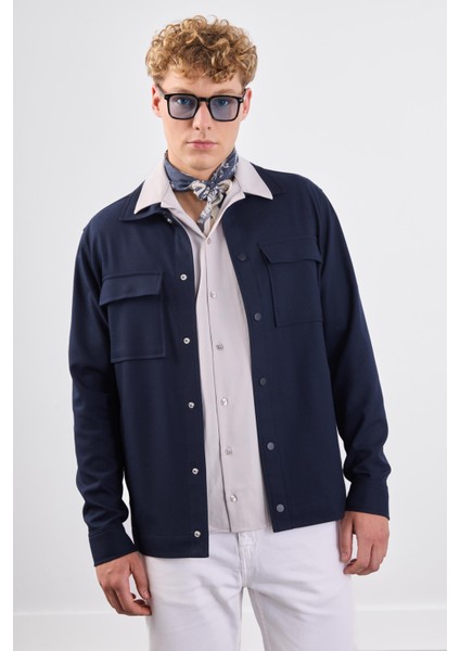 Lacivert Çıtçıt Kapamalı Cepli Overshirt Gömlek