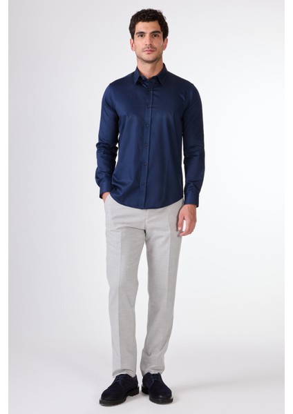 Lacivert Erkek Slim Fit Düz Düğmeli Yaka Uzun Kol Gömlek fiyatları
