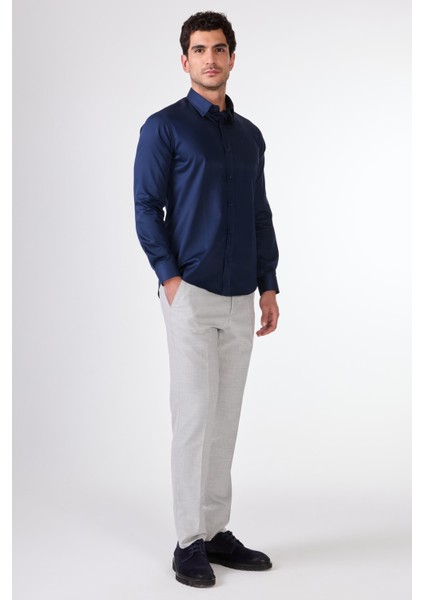 Lacivert Erkek Slim Fit Düz Düğmeli Yaka Uzun Kol Gömlek modelleri