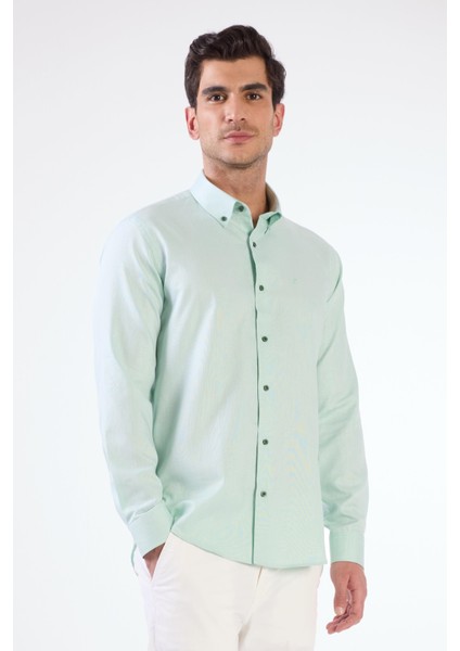Yeşil Erkek Slim Fit Düz Düğmeli Yaka Uzun Kol Gömlek