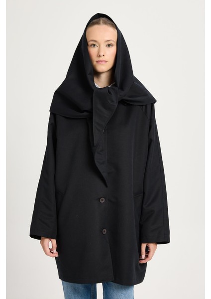 Kadın Siyah Oversize Seyyar Yakalı Astarlı Tasarım Trençkot 30009 modelleri