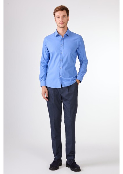 Koyu Mavi Erkek Slim Fit Düz Gömlek - 92103