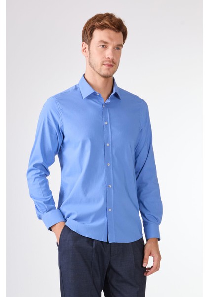Koyu Mavi Erkek Slim Fit Düz Gömlek - 92103