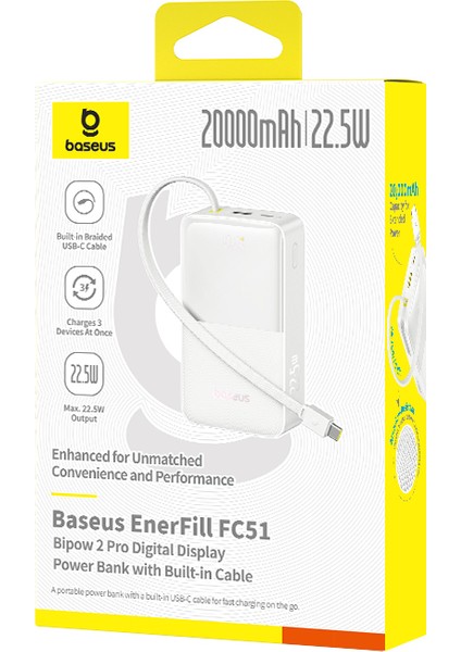 Enerfill FC51 Bipow2 Pro Dijital Göstergeli Super Hızlı Power Bank Type-C Kablolu, Usb-C 2 Çıkışlı 20000MAH 22.5W Beyaz fiyatları