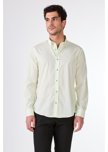 Yeşil Pamuklu Brent Yaka Slim Fit Uzun Kol Erkek Gömlek