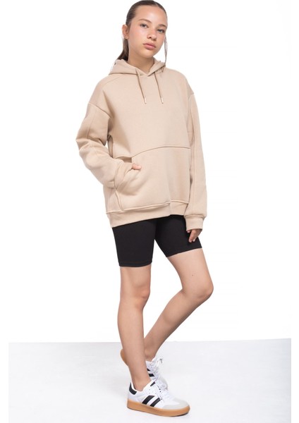 Bej Kanguru Cepli Basic Şardonlu Kız Çocuk Kapüşonlu Sweatshirt 21209