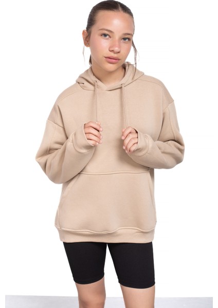 Bej Kanguru Cepli Basic Şardonlu Kız Çocuk Kapüşonlu Sweatshirt 21209 modelleri