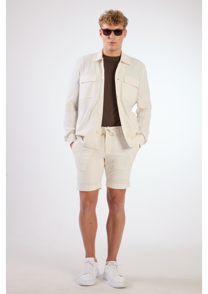 Ekru Erkek Regular Fit Çizgili Brent Yaka Uzun Kol Gömlek - 108654