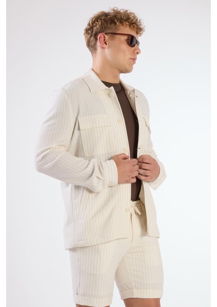 Ekru Erkek Regular Fit Çizgili Brent Yaka Uzun Kol Gömlek - 108654