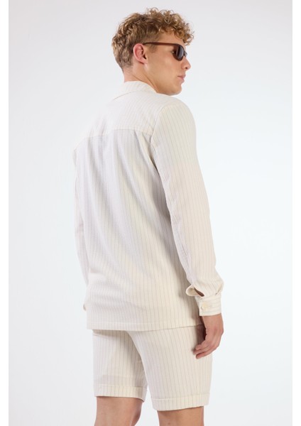 Ekru Erkek Regular Fit Çizgili Brent Yaka Uzun Kol Gömlek - 108654