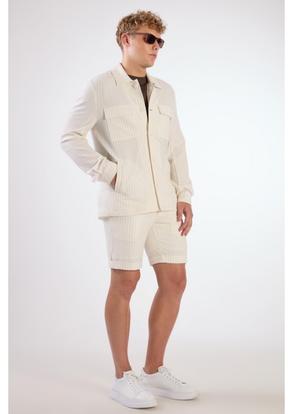 Ekru Erkek Regular Fit Çizgili Brent Yaka Uzun Kol Gömlek - 108654