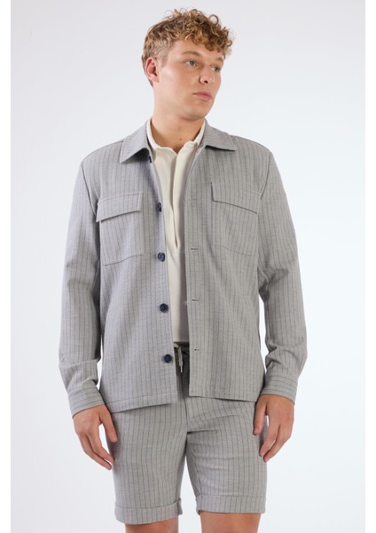 Gri Erkek Regular Fit Çizgili Brent Yaka Uzun Kol Gömlek - 108659