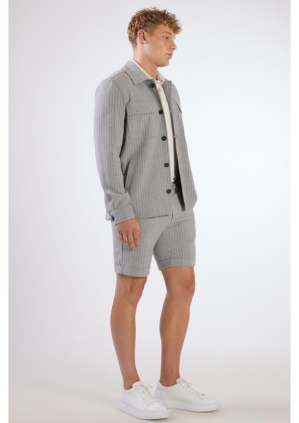 Gri Erkek Regular Fit Çizgili Brent Yaka Uzun Kol Gömlek - 108659