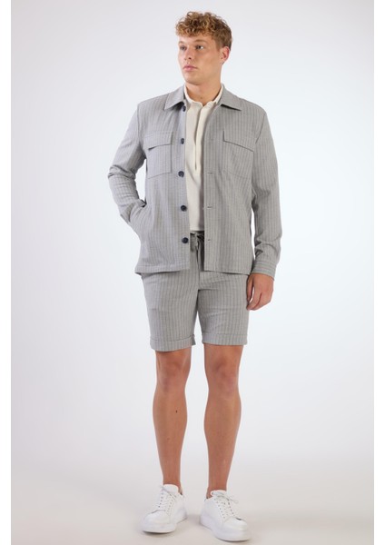 Gri Erkek Regular Fit Çizgili Brent Yaka Uzun Kol Gömlek - 108659