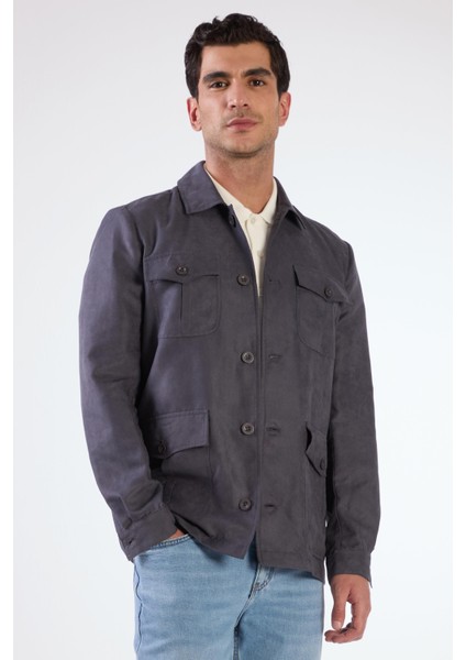 Gri Erkek Regular Fit Düz Klasik Yaka Süet Mont - 105399
