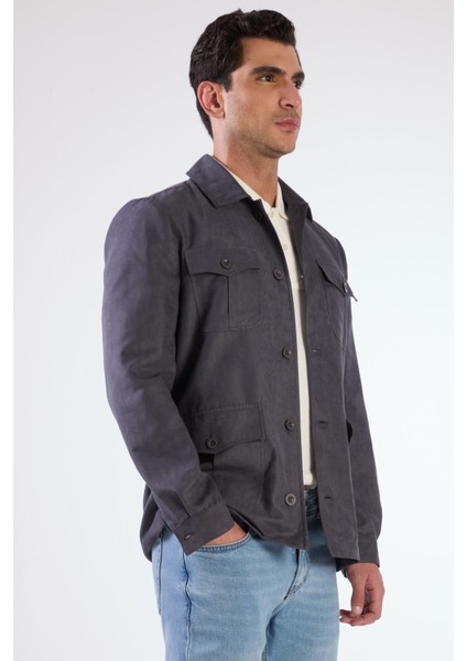 Gri Erkek Regular Fit Düz Klasik Yaka Süet Mont - 105399