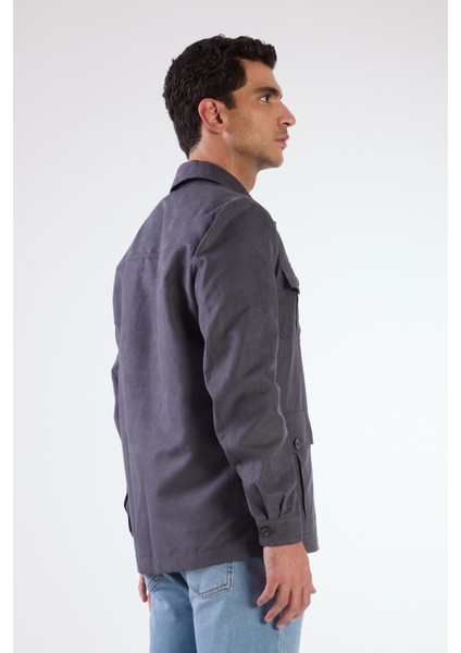 Gri Erkek Regular Fit Düz Klasik Yaka Süet Mont - 105399