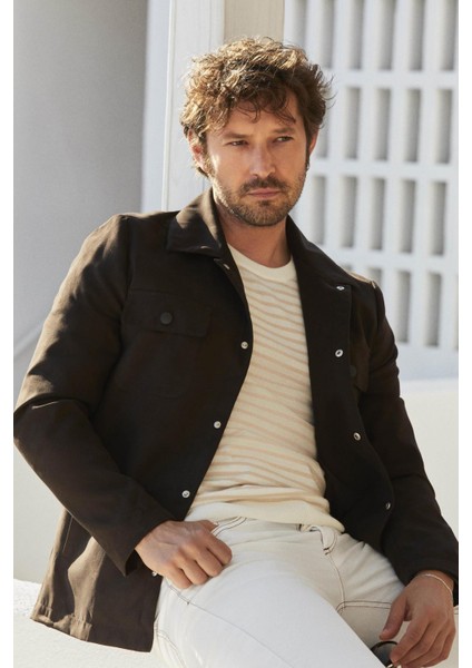 Koyu Kahverengi Erkek Regular Fit Düz Klasik Yaka Süet Mont - 104746