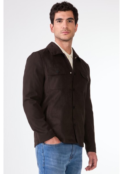 Koyu Kahverengi Erkek Regular Fit Düz Klasik Yaka Süet Mont - 104746