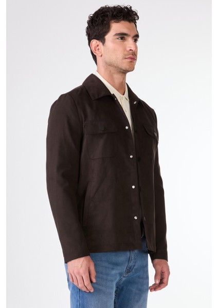 Koyu Kahverengi Erkek Regular Fit Düz Klasik Yaka Süet Mont - 104746
