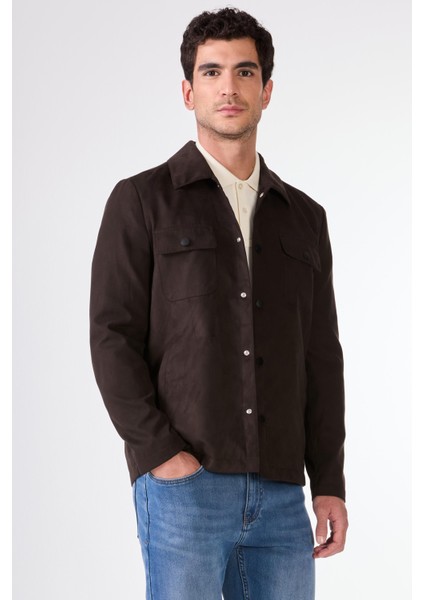 Koyu Kahverengi Erkek Regular Fit Düz Klasik Yaka Süet Mont - 104746