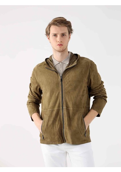 Haki Erkek Regular Fit Düz Kapüşonlu Mont