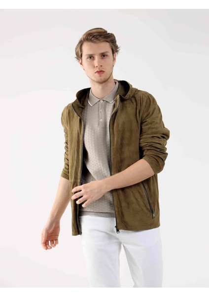Haki Erkek Regular Fit Düz Kapüşonlu Mont