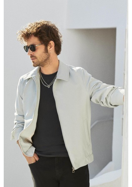 Gri Erkek Regular Fit Düz Klasik Yaka Bomber Mont