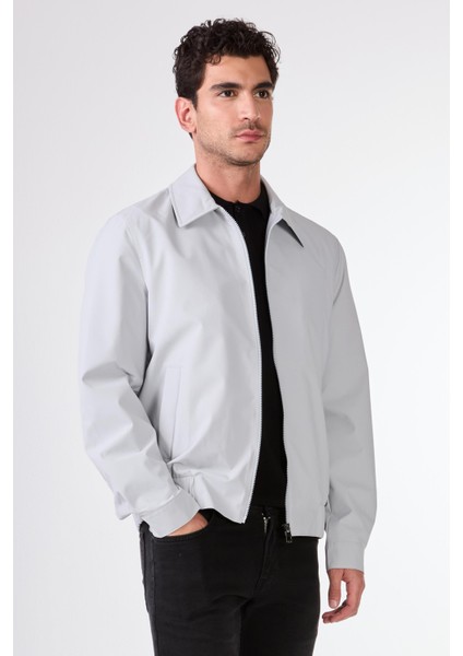 Gri Erkek Regular Fit Düz Klasik Yaka Bomber Mont