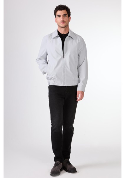 Gri Erkek Regular Fit Düz Klasik Yaka Bomber Mont