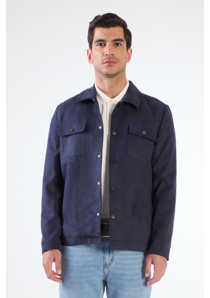 Lacivert Erkek Regular Fit Düz Klasik Yaka Süet Mont