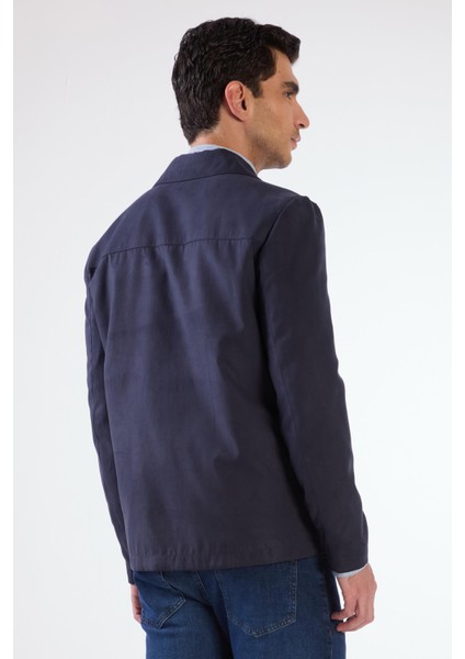 Lacivert Erkek Regular Fit Düz Klasik Yaka Süet Mont