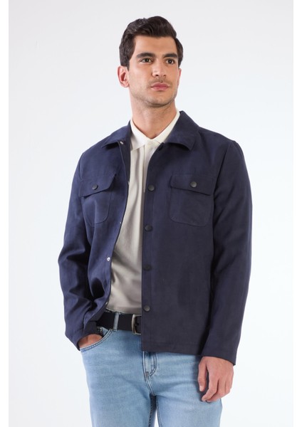 Lacivert Erkek Regular Fit Düz Klasik Yaka Süet Mont