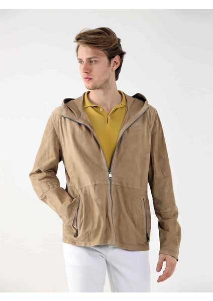 Bej Erkek Regular Fit Düz Kapüşonlu Mont