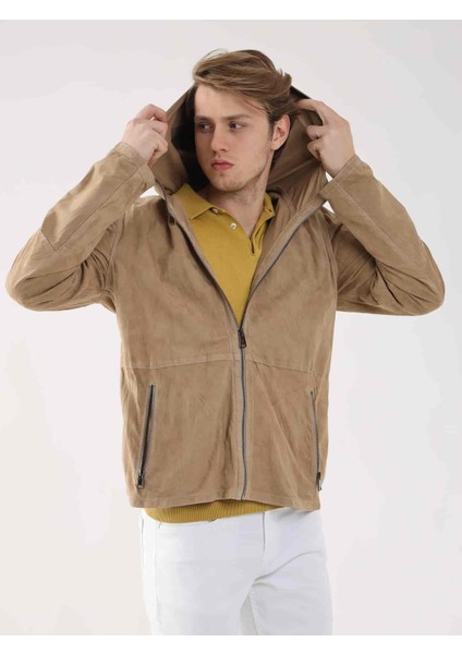 Bej Erkek Regular Fit Düz Kapüşonlu Mont