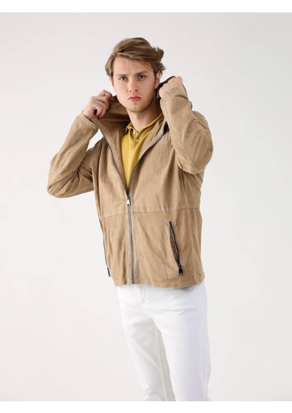 Bej Erkek Regular Fit Düz Kapüşonlu Mont