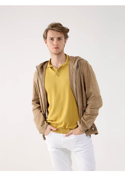 Bej Erkek Regular Fit Düz Kapüşonlu Mont