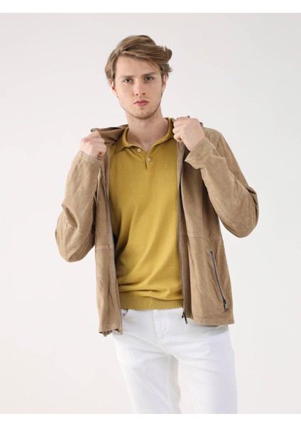Bej Erkek Regular Fit Düz Kapüşonlu Mont