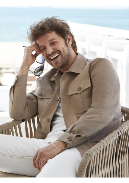 Bej Erkek Regular Fit Düz Klasik Yaka Süet Mont - 104736