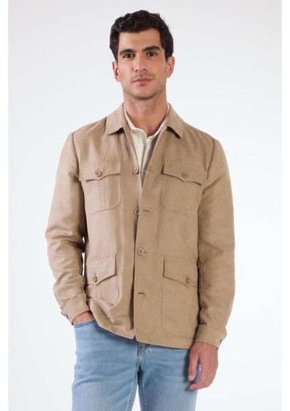 Bej Erkek Regular Fit Düz Klasik Yaka Süet Mont - 104736