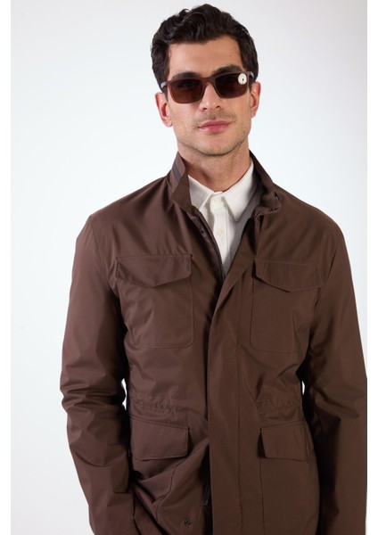 Kahverengi Erkek Regular Fit Düz Hakim Yaka Safari Mont